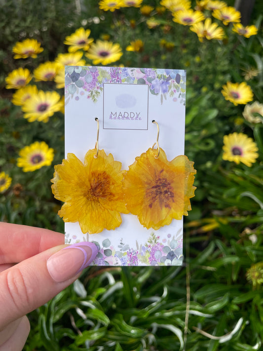 Statement Earrings - Yellow Flower with Hooks