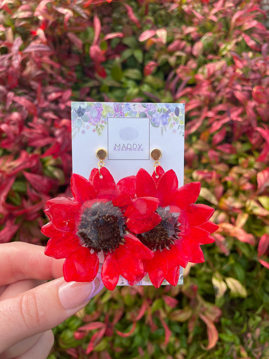 Statement Earrings - Red Sunflowers