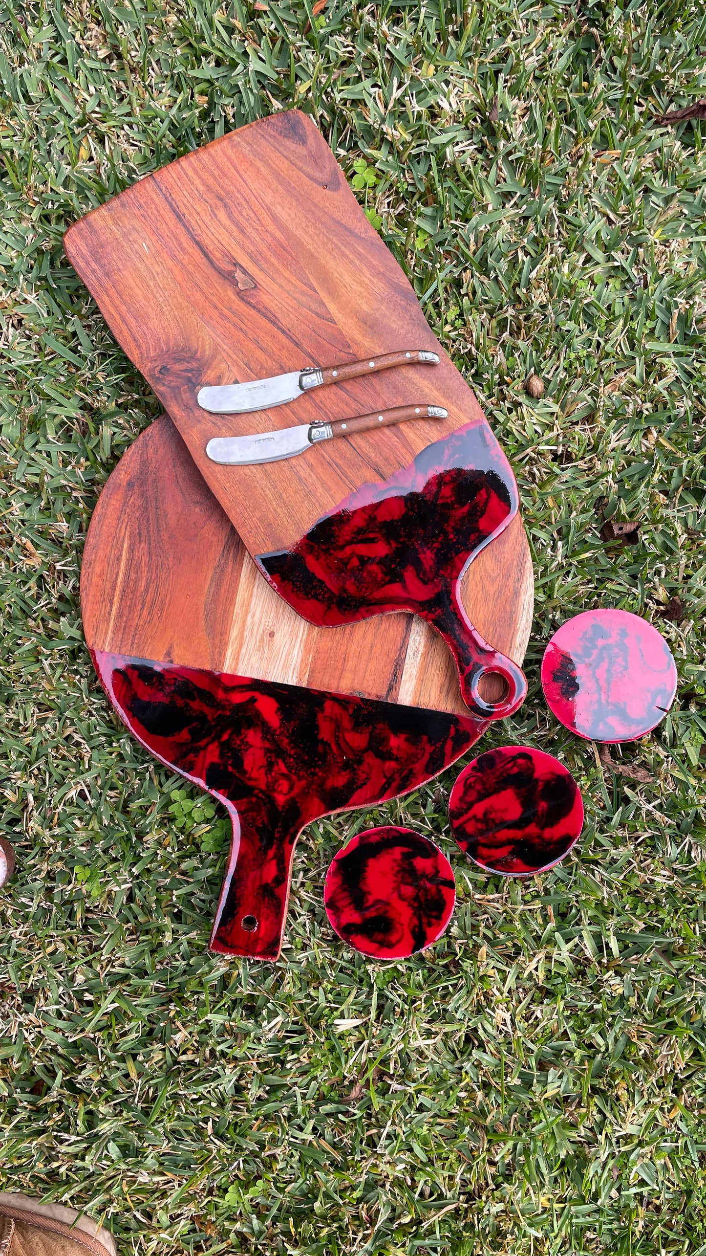 Serving Board Set - Red with Coasters and Knives