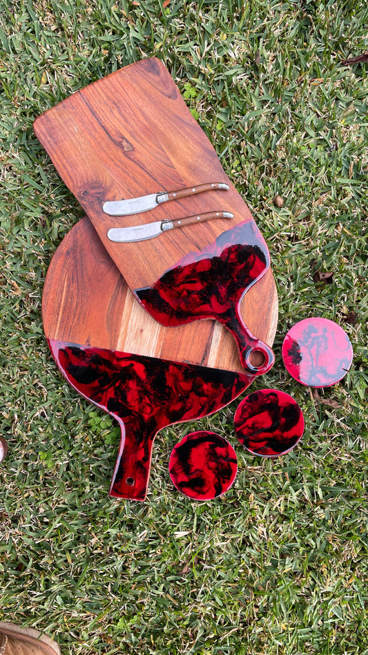 Serving Board Set - Red with Coasters and Knives