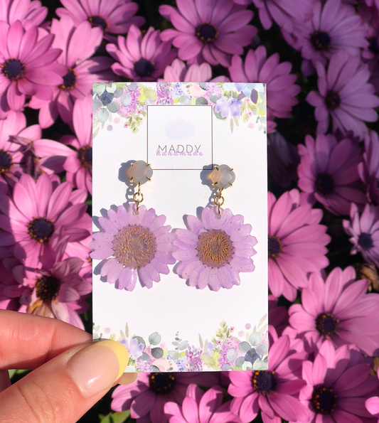 Statement Earrings - Purple Daisies with Grey Agate