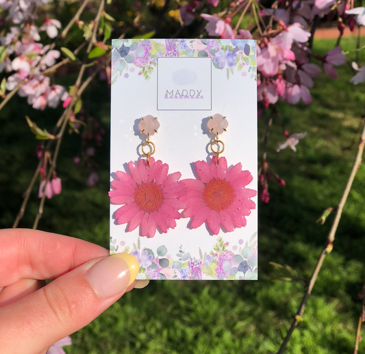 Statement Earrings - Pink Daisies with Rose Quartz