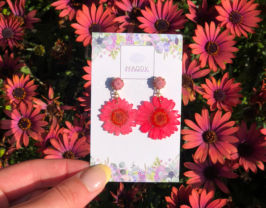 Statement Earrings - Pink Daisies with Strawberry Quartz